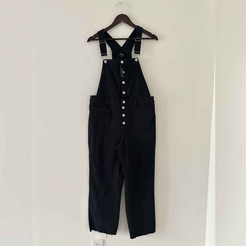 Express Black Denim Women's Overalls with Cross-Back Straps size 10
